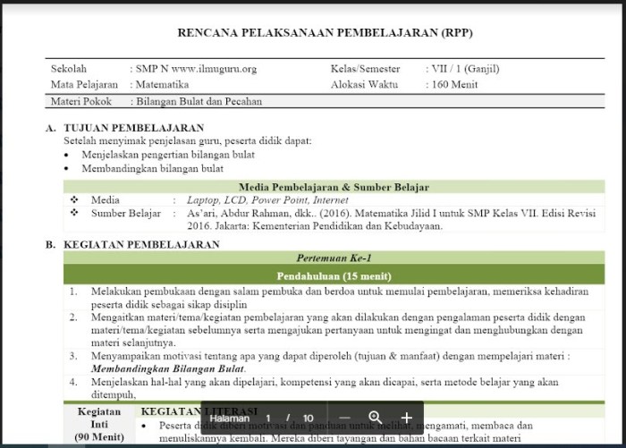 Contoh rpp matematika smp 1 lembar